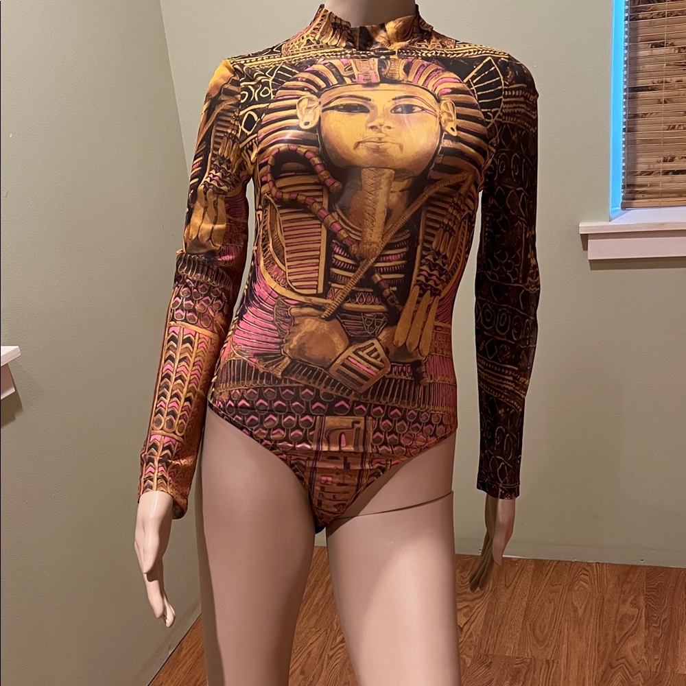 Akira Sheer Colorful Egyptian Print Bodysuit Size L